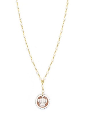 Collana con perle naturali e cammeo naturale a forma di corona